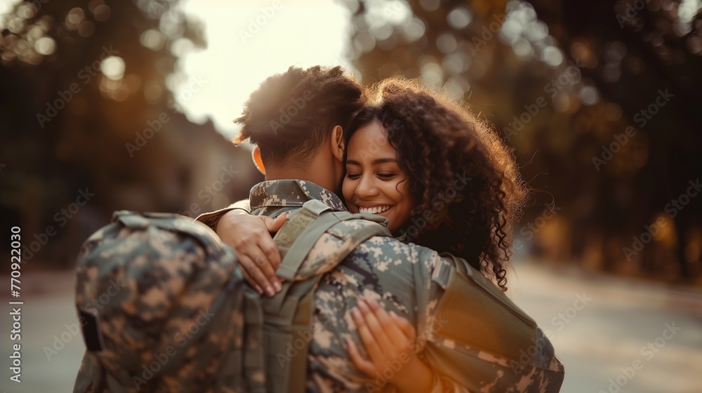 Wall mural Depressed woman hugging her husband embraces a military man before leaving on war