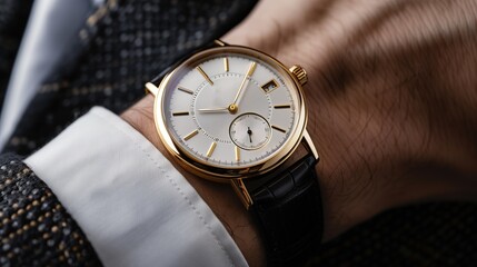 a man in a classic black suit wears a classic gold watch