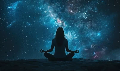 Foto op Canvas Tranquility: Woman meditates amid cosmic starry sky © Jam