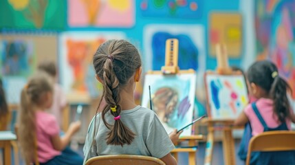 A young girl paints on an easel in an art class, surrounded by her peers, fostering creativity and artistic expression. AIG41 - obrazy, fototapety, plakaty