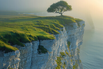 White cliffs of dover with green grassy hills, a tree on top of the cliff, aerial view. Created with Ai - obrazy, fototapety, plakaty
