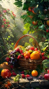 Colorful fruit basket on wooden table, a vibrant and appetizing still life composition.
