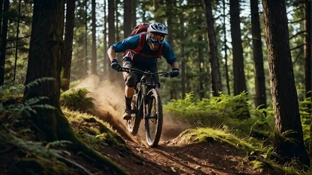 mountain biker in action riding downhill on the forest trail