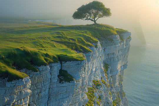 White cliffs of dover with green grassy hills, a tree on top of the cliff, aerial view. Created with Ai