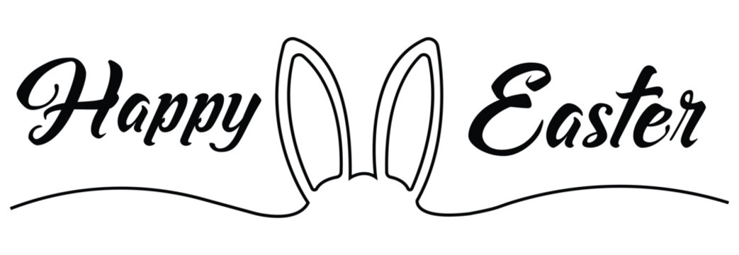 Rabbit and egg design for easter day line art style Happy Easter black linear lettering with swooshes. Hand drawn elegant modern vector calligraphy. Design for holiday greeting card, eps10