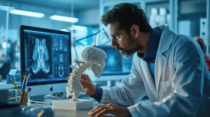 A white-collar worker in a lab coat gestures while holding a knee joint model in front of a computer screen. AIG41