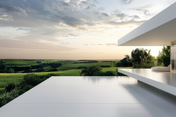 Contemporary white habitat with panoramic green views under a dynamic twilight sky, emphasizing a connection with the natural world. - obrazy, fototapety, plakaty