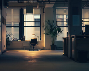 A deserted office space with a single light on, portraying the quiet of slowed growth and hopeful resilience
