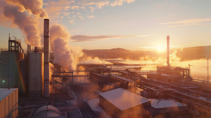 A bustling biofuel processing plant at sunrise, symbolizing the growing demand for green energy
