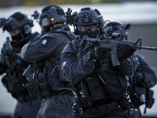 Fototapeta na wymiar A tactical team in stealth mode, ensuring public safety through precise and covert operations