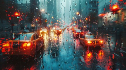 A blurry image of a city street with rain and cars. The rain is creating a blurry effect on the street, making it difficult to see the cars clearly. Scene is somewhat melancholic - obrazy, fototapety, plakaty