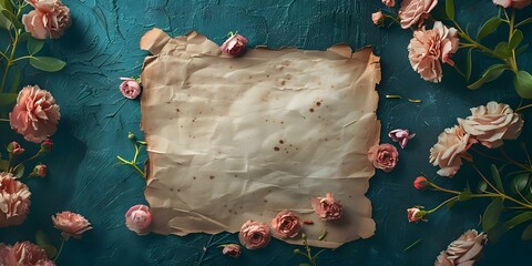 Romantic Love Letter Scene: Paper on Desk Surrounded by Flowers. Concept Romantic Love Letters, Writing Desk, Floral Arrangement, Vintage Props, Emotional Expression - obrazy, fototapety, plakaty