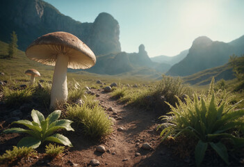Mushrooms growing on the ground. Low camera perspective. - obrazy, fototapety, plakaty