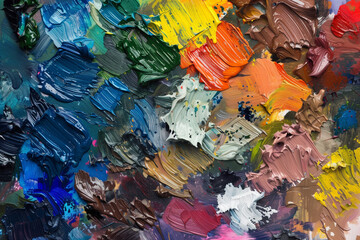 A close up of oil paints on a palette - deep colours and texture 