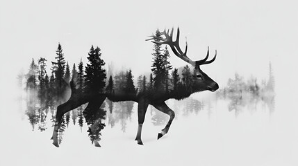 Monochromatic elk art depicting fawn deer running through forest
