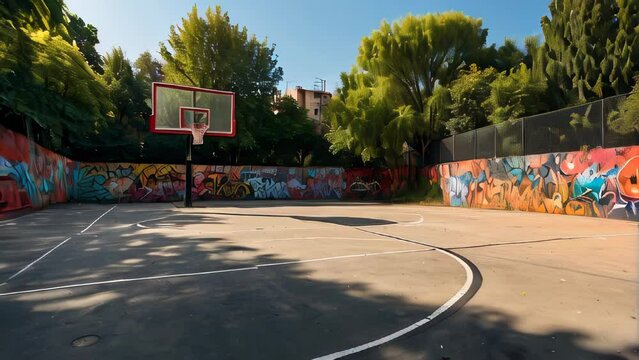 A deserted basketball court in an urban setting, enclosed by colorful graffiti walls under clear skies