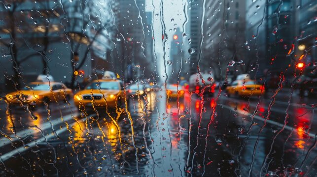 A blurry image of a busy city street with rain and taxi cabs. The rain is creating a blurry effect on the street, making it difficult to see the details of the cars and people