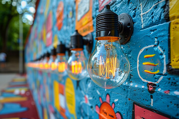 Bright filament light bulbs on a colorful wall with street art and abstract shapes.
