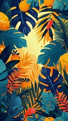 Fototapeta na wymiar Tropical Leaves and Oranges on Blue Background