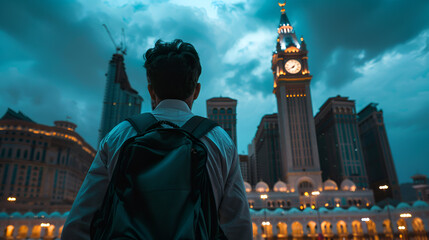 Man with backpack gazes at clock tower in citys skyline under cloudy skies
