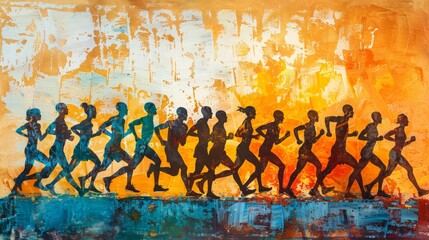 A painting of a group of people running in a line. The painting is in shades of blue and orange