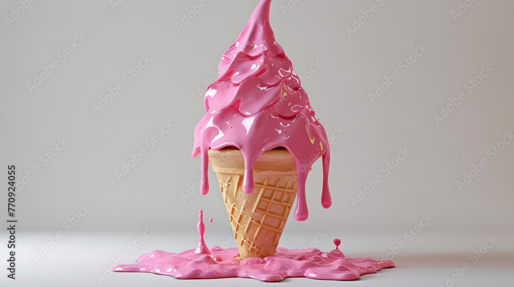 Aufkleber a pink ice cream cone with pink drips of ice cream on it. the image has a playful and fun mood, as t