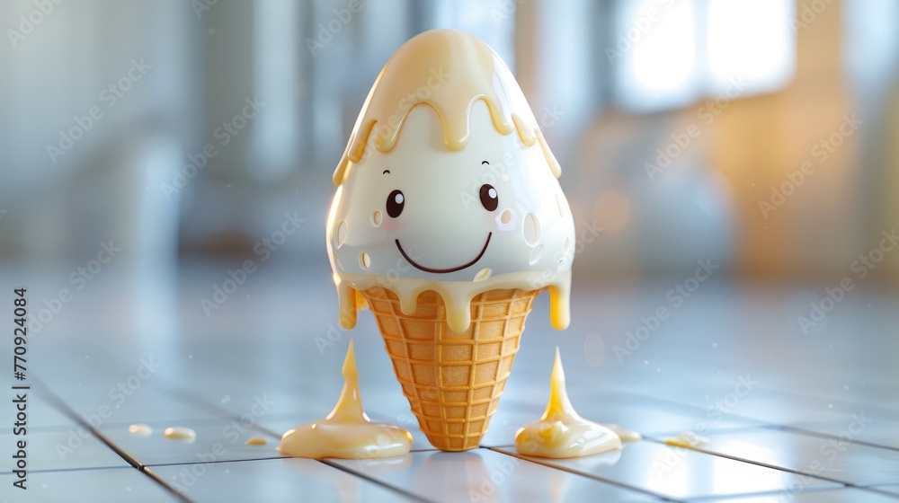 Aufkleber a cartoon ice cream cone with a smile on its face. the ice cream is dripping from the cone, creating