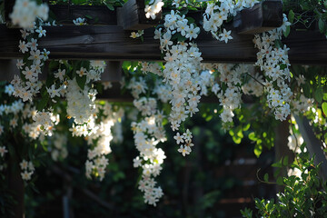 Cascading bouquets of fragrant jasmine blossoms adorning a rustic wooden arch, their delicate white...