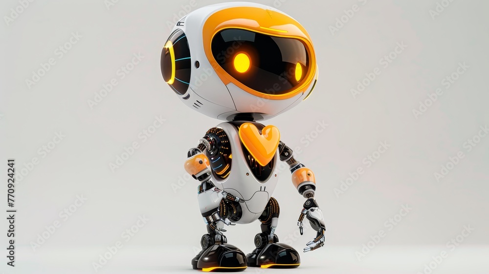 Poster a robot with a heart on its chest stands on a white background. the robot is yellow and white, and i
