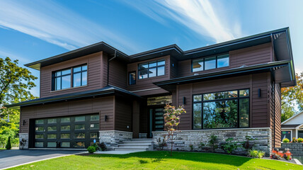 Luxurious new construction home with a contemporary design, wrapped in rich chocolate brown siding...