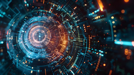 Abstract futuristic digital background with glowing circular elements and circuit patterns, representing advanced technology in the style of an AI system or data center