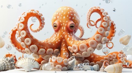 A cartoonish octopus with a big eye and a big smile is surrounded by shells. The scene is playful and whimsical, with the octopus looking down at the shells as if it's curious about them