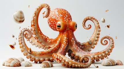 A large orange octopus is surrounded by shells. The octopus is the main focus of the image, and the shells are scattered around it, creating a sense of depth and texture