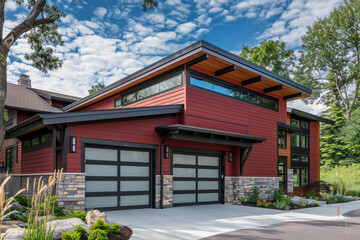 Modern luxury home, freshly constructed, with a two-car garage, framed by vibrant ruby red siding and complemented by natural stone wall trim.