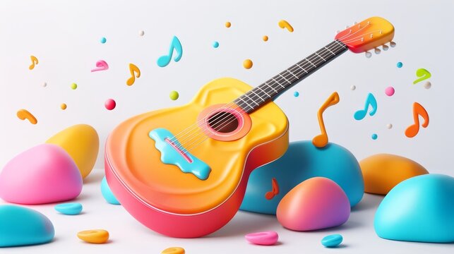 A colorful guitar is surrounded by a pile of colorful rocks. The guitar is painted in bright colors and has a playful, fun vibe. The rocks are scattered around the guitar, creating a sense of movement