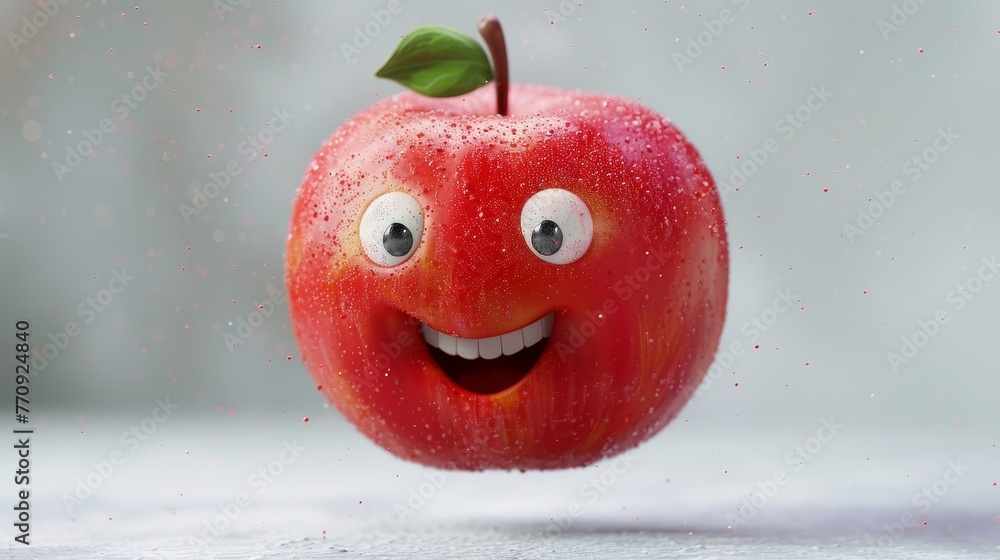 Poster a smiling apple with a green leaf on top. the apple is smiling and has its mouth open