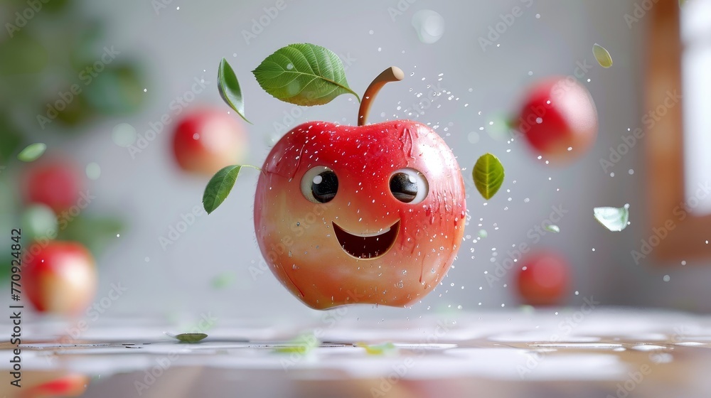 Poster a cartoon apple with a smiling face and a leaf on top. the apple is surrounded by other apples, some