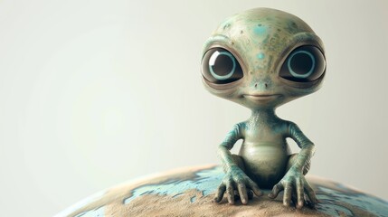 A small alien is sitting on top of a globe. The alien has blue eyes and a smile on its face