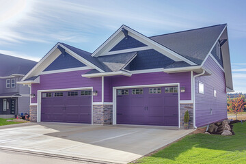 Newly built luxury home, modern style, boasting a two-car garage, encased in vibrant violet siding and enhanced with natural stone wall trim. - obrazy, fototapety, plakaty