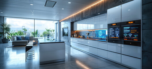 3D rendering of a white kitchen with smart home technology, sleek design and modern features. Created with Ai