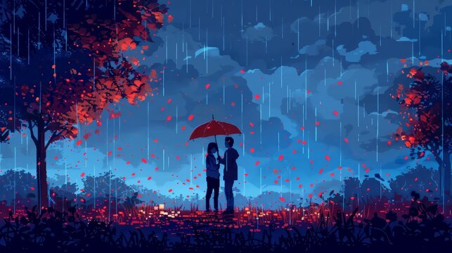 A couple is standing in the rain, holding an umbrella. The sky is dark and cloudy, and the rain is falling heavily. Scene is romantic and melancholic, as the couple is embracing each other in the rain