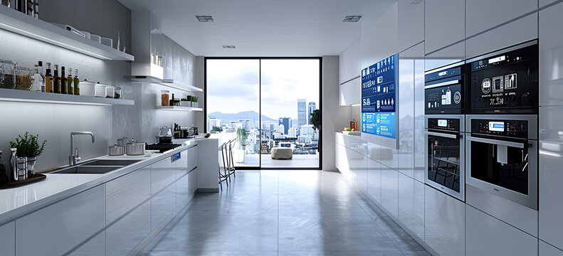 3D rendering of a smart home kitchen interior with an interactive touch screen, sleek white cabinets and stainless steel appliances, a large window showing a cityscape view. Created with Ai