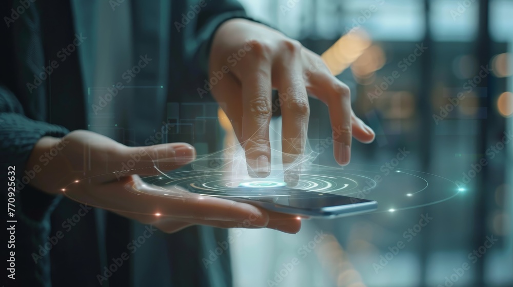 Poster a person is holding a cell phone and pointing at a screen. concept of technology and communication, 