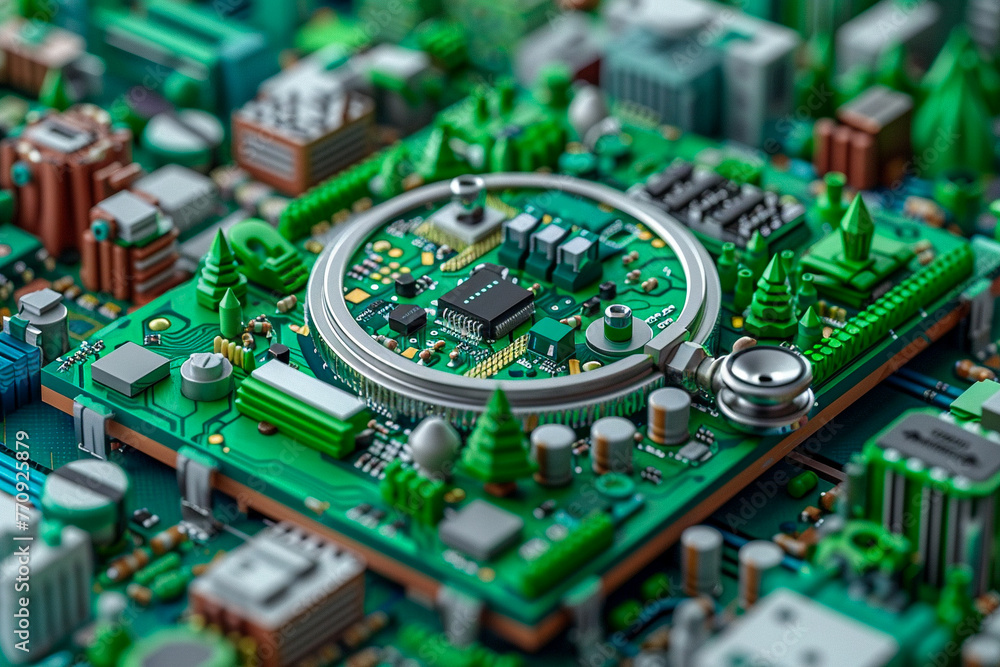 Aufkleber focus on its semiconductor-driven cpu, a creative representation of a green circuit board with build
