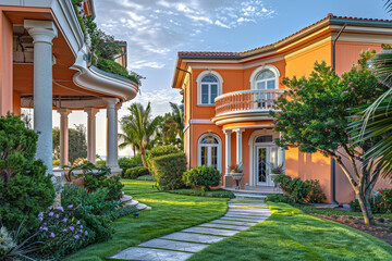 Radiant Peach Luxury Home Exterior with a Perfect Green Turf and a Welcoming Path to a Richly Decorated Porch