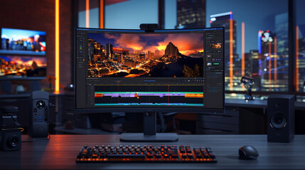 A computer screen displaying video editing software with a colorful timeline and a cityscape video on it. - obrazy, fototapety, plakaty