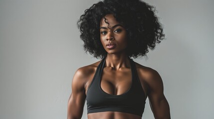 Woman Afro American fitness model in top with well defined abdominal muscles