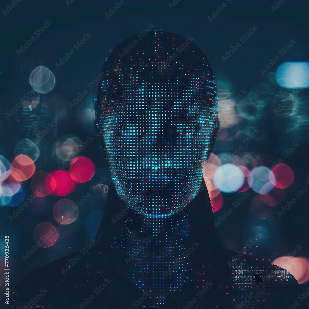 Poster digital avatar in a virtual world, identity hidden behind pixels