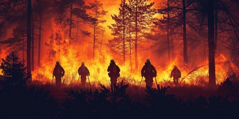 International Firefighters Day, silhouettes of a team of firefighters against the background of a...