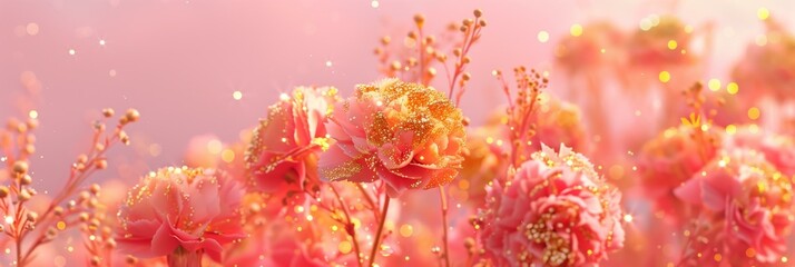 bubblegum colored carnations covered in gold glitter with pink sky in the background, summer vibes